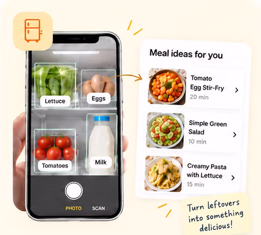 A phone scanning refrigerator ingredients and suggesting meal ideas